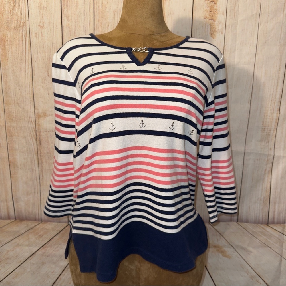 Alfred Dunner Navy and Pink Striped Nautical Anchor Top, L​​